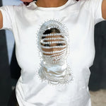 Y2K-Inspired Pearl & Woman Portrait Print T-Shirt - Casual, Short Sleeve, Round Neck, Polyester Knit Top for Spring/Summer, Casual Wear | Graphic Tee | Knit Construction