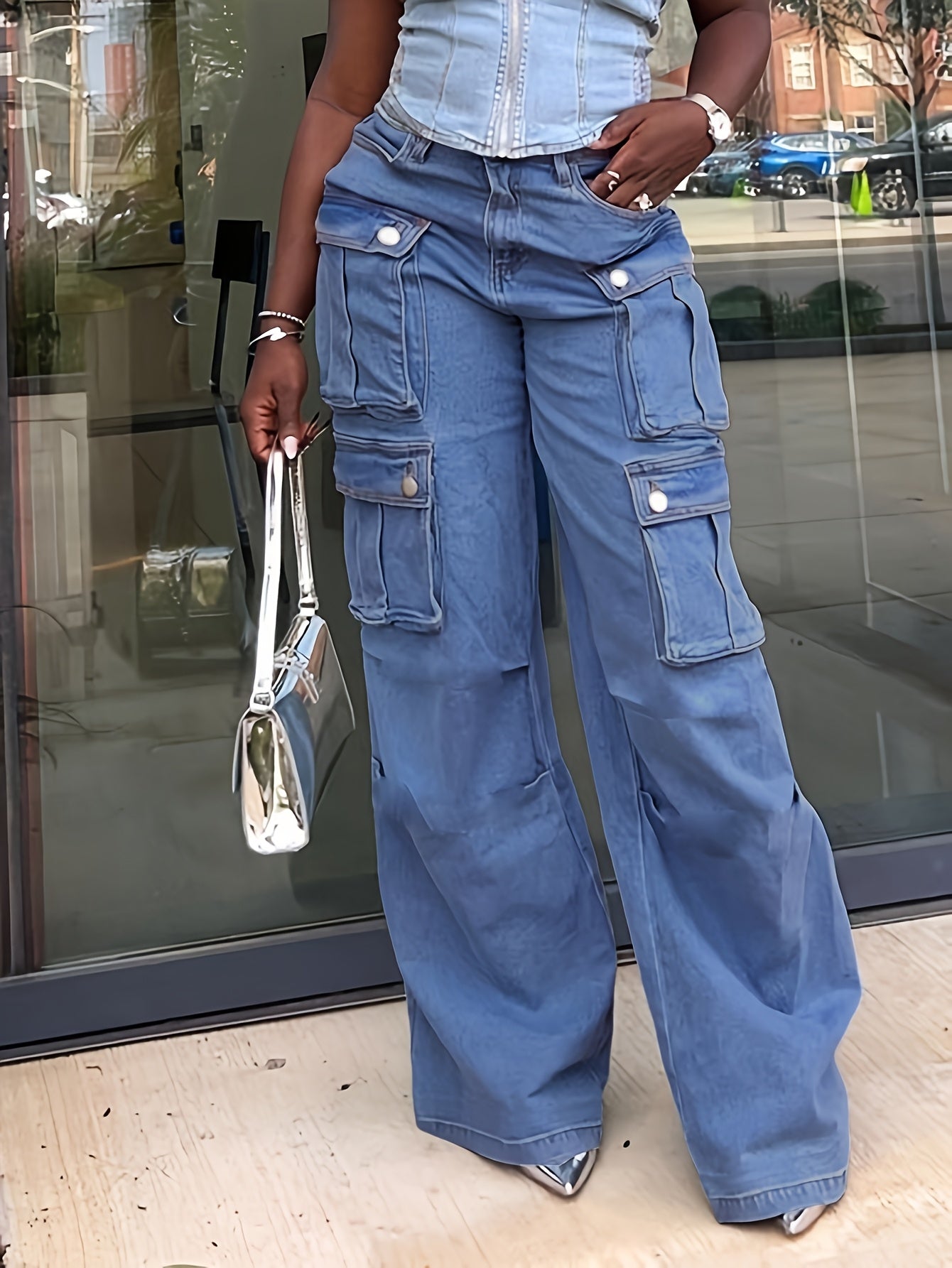 Ladies' Fashionable Retro Y2K Work Pants, High Waist Loose Wide Legs, Pockets, Comfortable Casual Style, Street Fashion Denim Pants