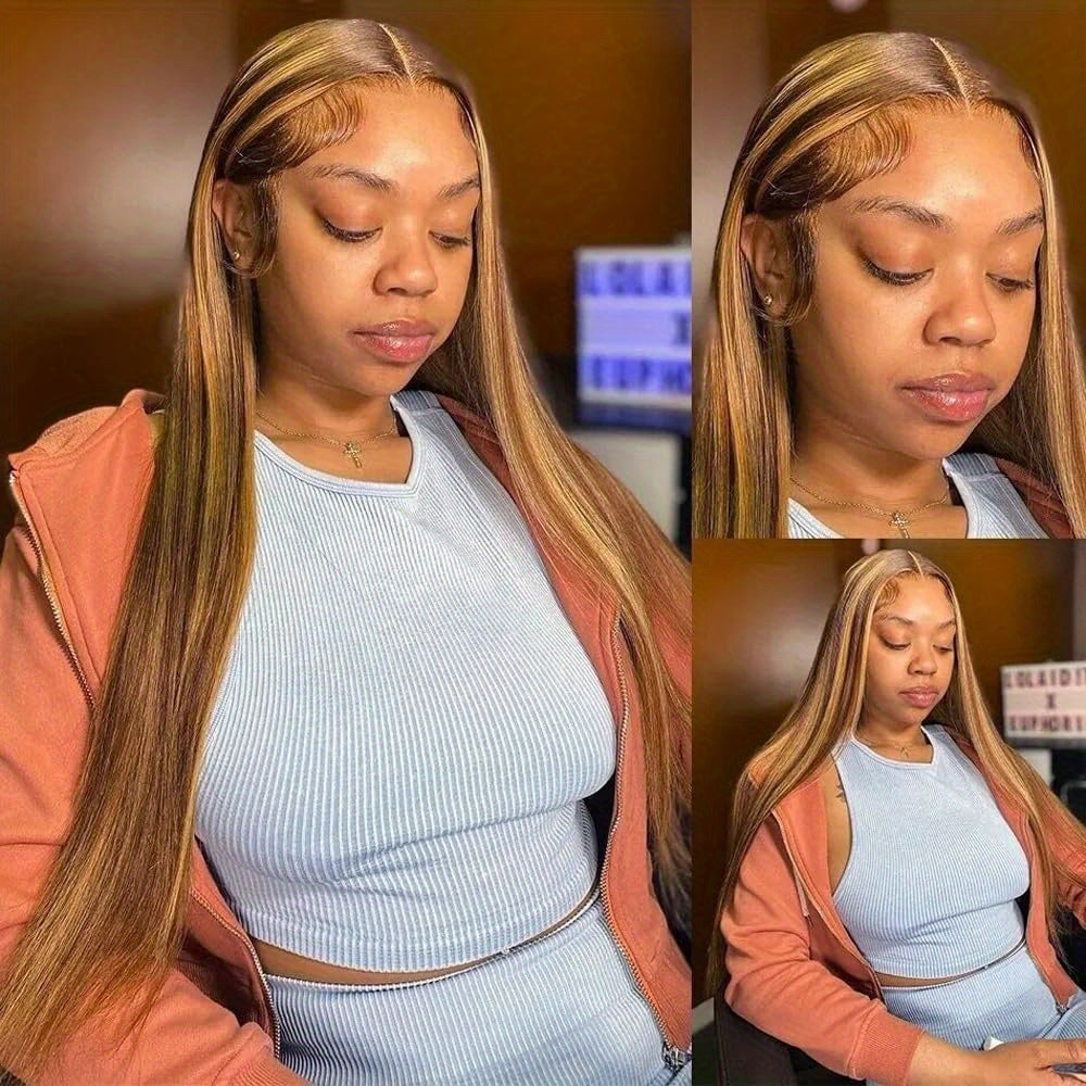 Honey Blonde 13X4 HD Lace Front Wig Human Hair Highlight Straight Lace Frontal Wigs Human Hair Pre Plucked 28 Inch 180 Density Ombre Wigs for Women P4/27 Colored Glueless Wig with Baby Hair