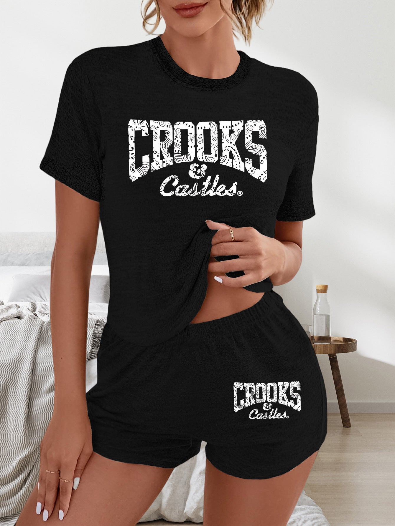 Women'S "Crooks & Castles" Graphic Tee & Shorts Set - Black Casual Summer Outfit with Glittery Letter Print, Polyester, Round Neck, Short Sleeve, Shorts, Casual Wear | Glittery Print Top | Polyester Fabric