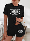 Women'S "Crooks & Castles" Graphic Tee & Shorts Set - Black Casual Summer Outfit with Glittery Letter Print, Polyester, Round Neck, Short Sleeve, Shorts, Casual Wear | Glittery Print Top | Polyester Fabric