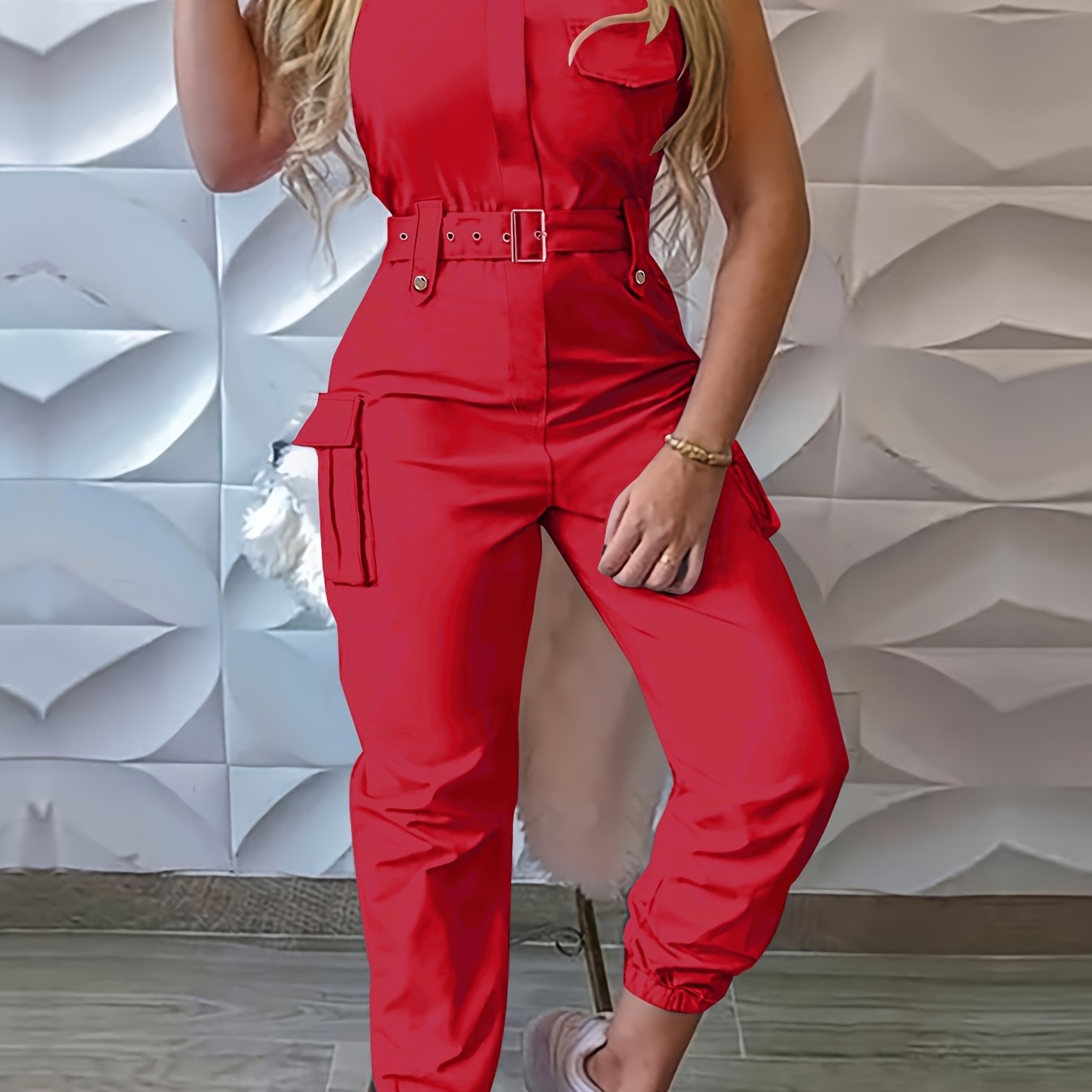 Solid Flap Pocket Cargo Jumpsuit with Belted Detail, Sleeveless Women's Casual Jumpsuit