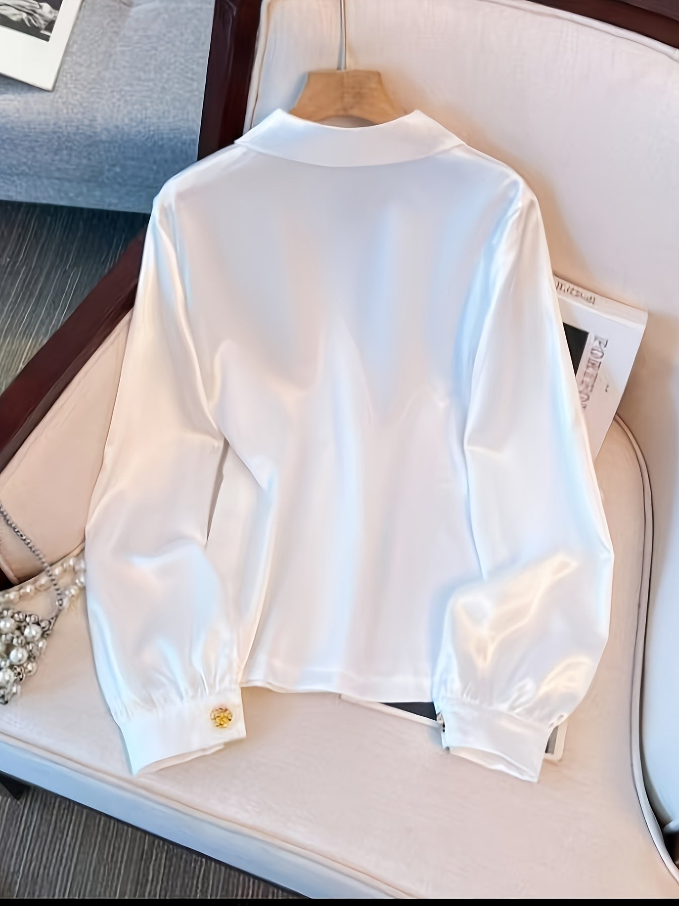 Women's Elegant Solid Color White Satin Blouse with Golden Button Details - Long Sleeve, Large Lapel Collar, Non-Sheer, Machine Washable, All-Season Casual Wear, Ladies Blouses