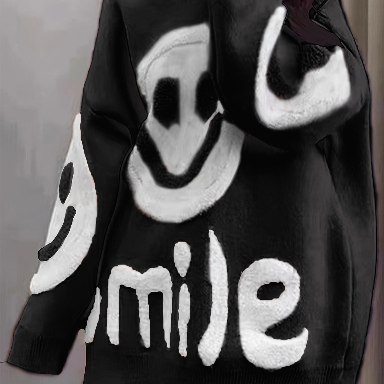 Chic joyful Face Jacquard Sweater for Women - Cozy Long Sleeve Crew Neck Pullover, Perfect for Fall/Winter - Soft & Warm - For Women - Suitable for Fall/Winter - Great Gift for Birthday & Holidays