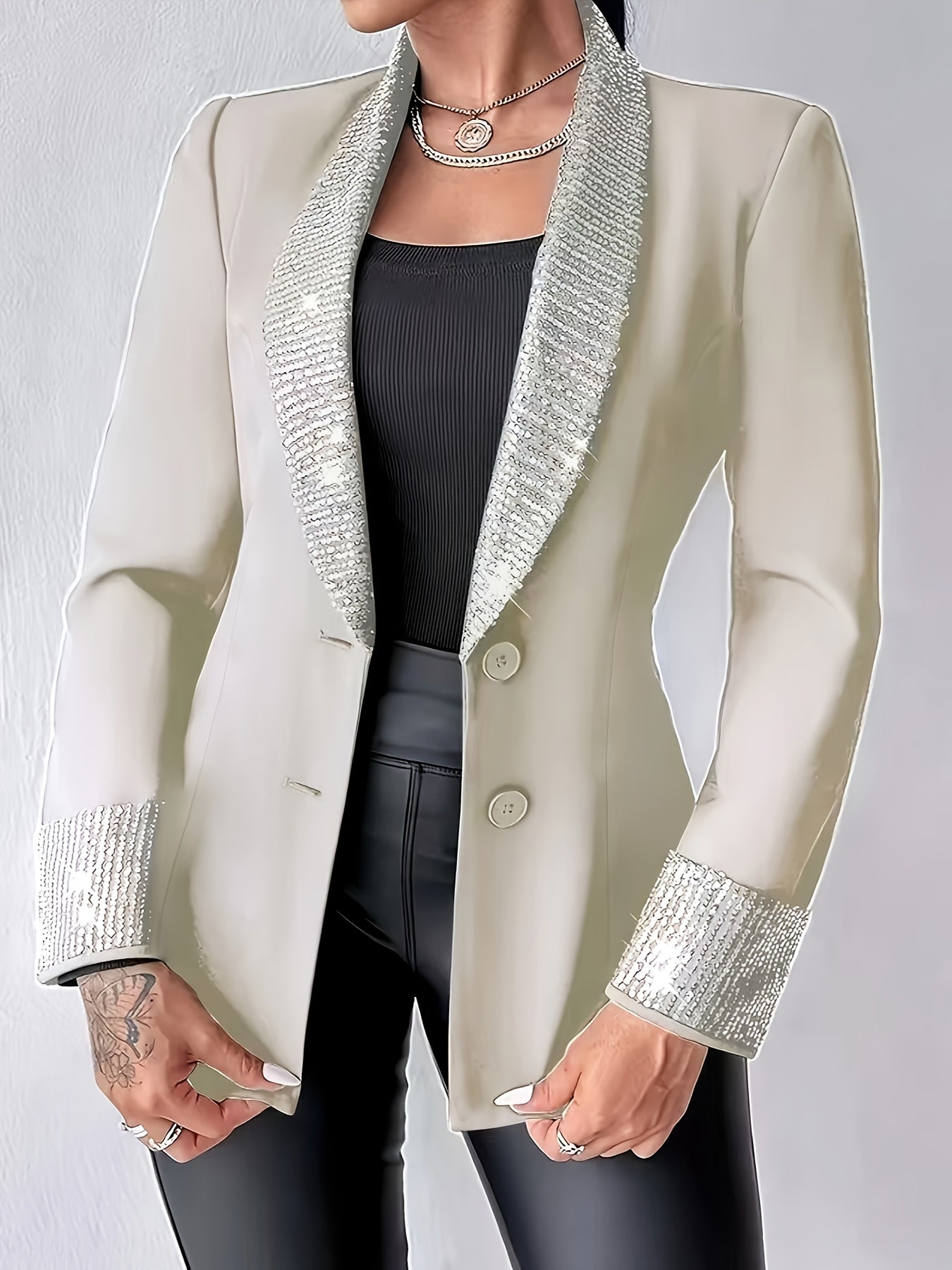 Women's Elegant Sequin-Trimmed Blazer - Chic Long Sleeve Jacket with Lapel Collar, Lightweight & Stylish for Spring/Summer/Fall, Perfect for Casual or Evening Wear, Seasonal Outerwear | Sophisticated Tailoring