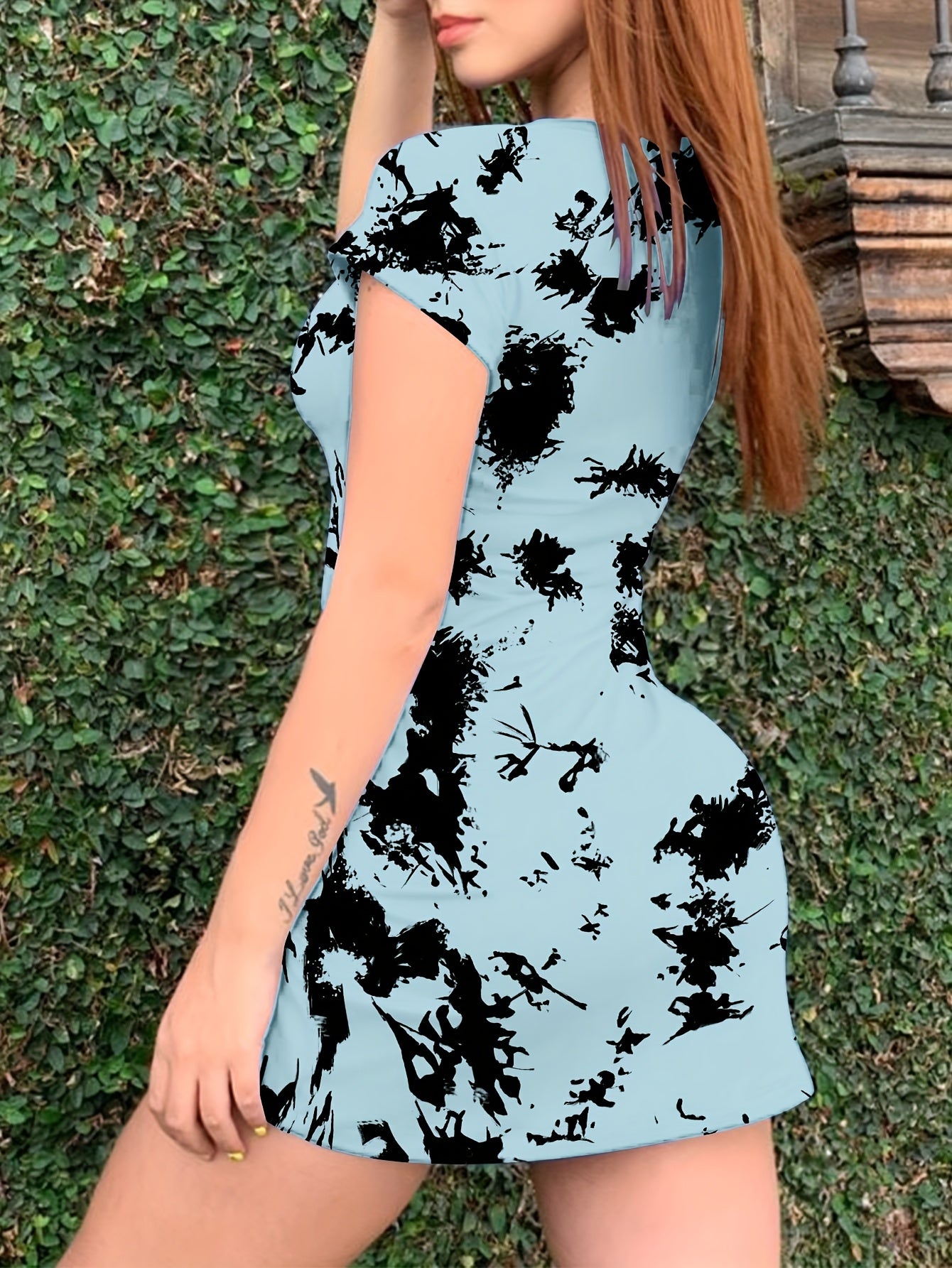 Women's Elegant Tie-Dye Print Short Sleeve Dress - Casual Round Neck Fitted Flared Skirt with Pockets, Machine Washable Pink & Black Summer Dress for Spring/Fall, Spring Fashion | Tiedye Pattern Dress | Comfortable Fabric