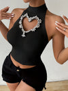 Heart Shaped Cut Out Rhinestone Halter Top, Chic Ribbed Slim Crop Sleeveless Knitted Top For Summer, Women's Clothing