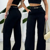 Women's Elegant Black Straight-Leg Pants with Golden Belt & Ruffle Detail - High-Waisted, Machine Washable, Polyester Blend for Spring/Fall, Formal Attire Pants | Waisted Belt Pants | Woven Fabric