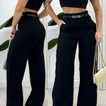 Women's Elegant Black Straight-Leg Pants with Golden Belt & Ruffle Detail - High-Waisted, Machine Washable, Polyester Blend for Spring/Fall, Formal Attire Pants | Waisted Belt Pants | Woven Fabric