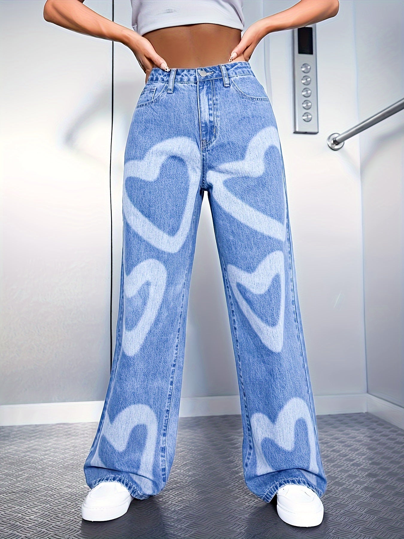 Women's High-Waisted Wide Leg Denim Jeans with Heart Print - Light Blue Casual Loose Fit Pants, Cotton, Long Length, Perfect for Casual Attire