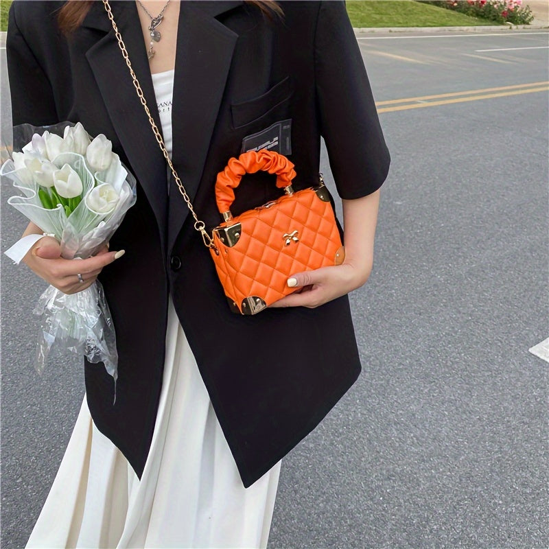 [Popular Choice] Chic Mini Boxy Crossbody Bag with Quilted Diamond Pattern and Bow Detail, Faux Leather, Available in Orange/Fuchsia/White/Green/Black, Pleated, Chain Strap, Shoulder Bag