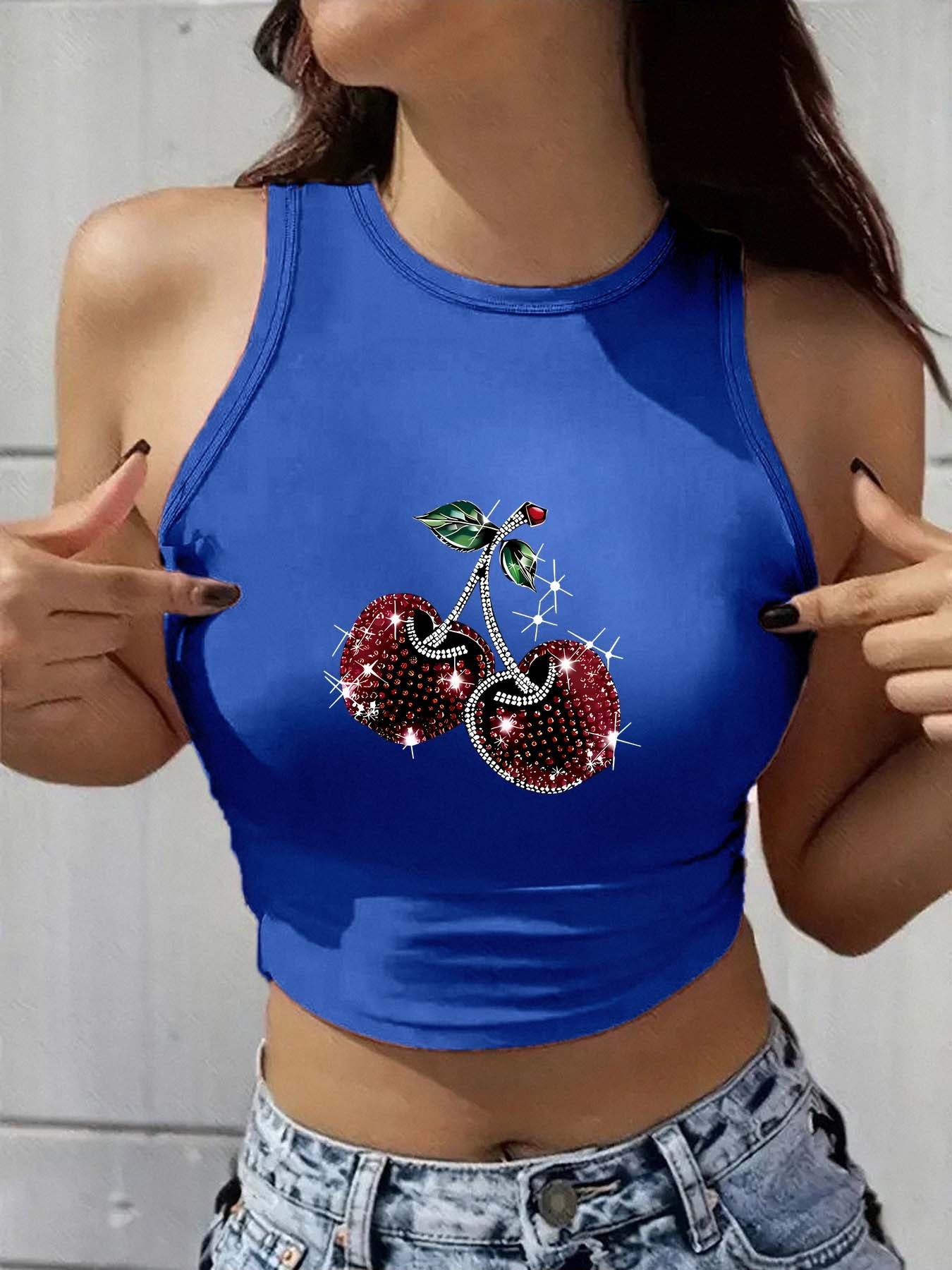 Ladies' Y2K Fashion Round Neck Sleeveless Tank Top, Trendy for Spring And Summer, Suitable for Street Style, Featuring Light Luxury Patterns And Prints. Ideal for Artistic Women, Commuting, Work Attire, Festive Parties, with