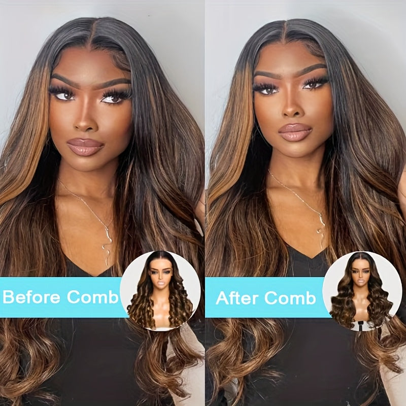 Ombre Lace Front Wig Human Hair Glueless 200 Density Blonde Highlight Wig Human Hair Pre Plucked 4/27 Highlight Lace Front Wigs Human Hair 5*5 HD Lace Brown Highlighted Wig Body Wave (Piano Colored Wig)