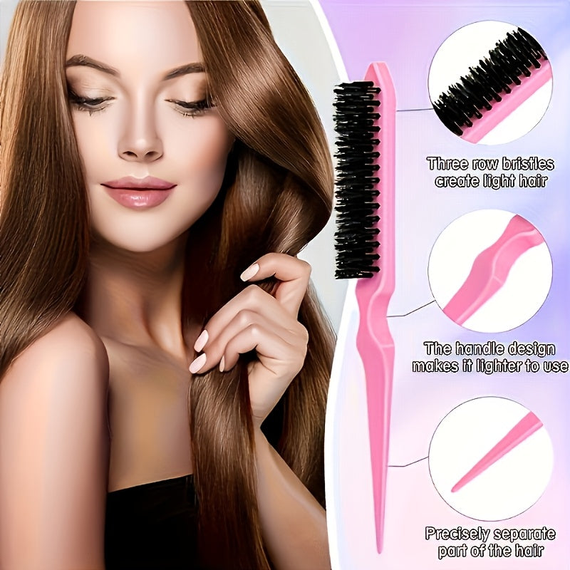 12pcs Hair Brush Set, Nylon Teasing Hair Brushes 3 Row Salon Teasing Brush, Double Sided Hair Edge Brush Smooth Comb Grooming, Rat Tail Combs With Duckbill Clips For Women Girls