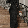 Elegant Black Sequin Twist Front Long Sleeve Bodycon Dress for Women - Cinched Waist, Form-Fitting Party & Evening Wear for Spring/Fall, Sequin Formal Dress