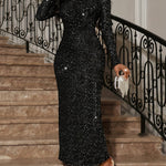 Elegant Black Sequin Twist Front Long Sleeve Bodycon Dress for Women - Cinched Waist, Form-Fitting Party & Evening Wear for Spring/Fall, Sequin Formal Dress