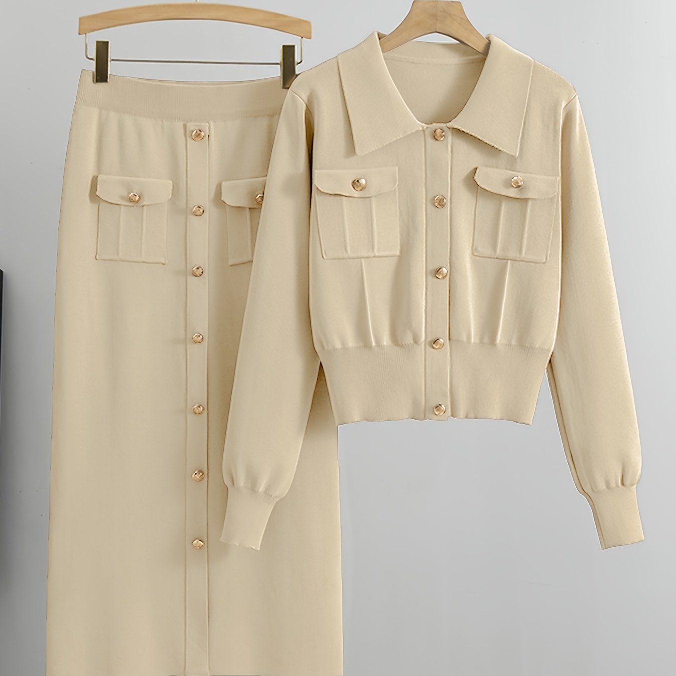 2pcs Women'S Viscose Blend Co-ord Set, Casual Lapel Collar Long Sleeve Knit Sweater and Skirt, Solid Color, Regular Fit, with Fake Button Details