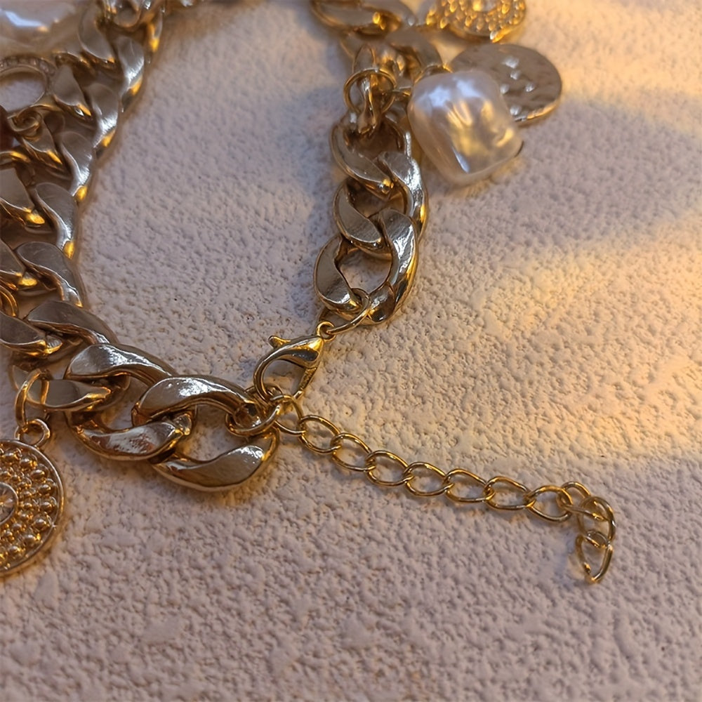 Women's Vintage Style Charm Bracelet - Alloy Chain with Faux Baroque Pearls & Rhinestones | Elegant & Versatile | Perfect for Daily and Vacation Wear