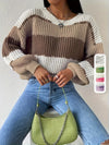[Elegant Color Block Sweater] Long Sleeve Elegant Polyester Crew Neck Sweater - Women's Color Block Knit Pullover for Fall/Winter