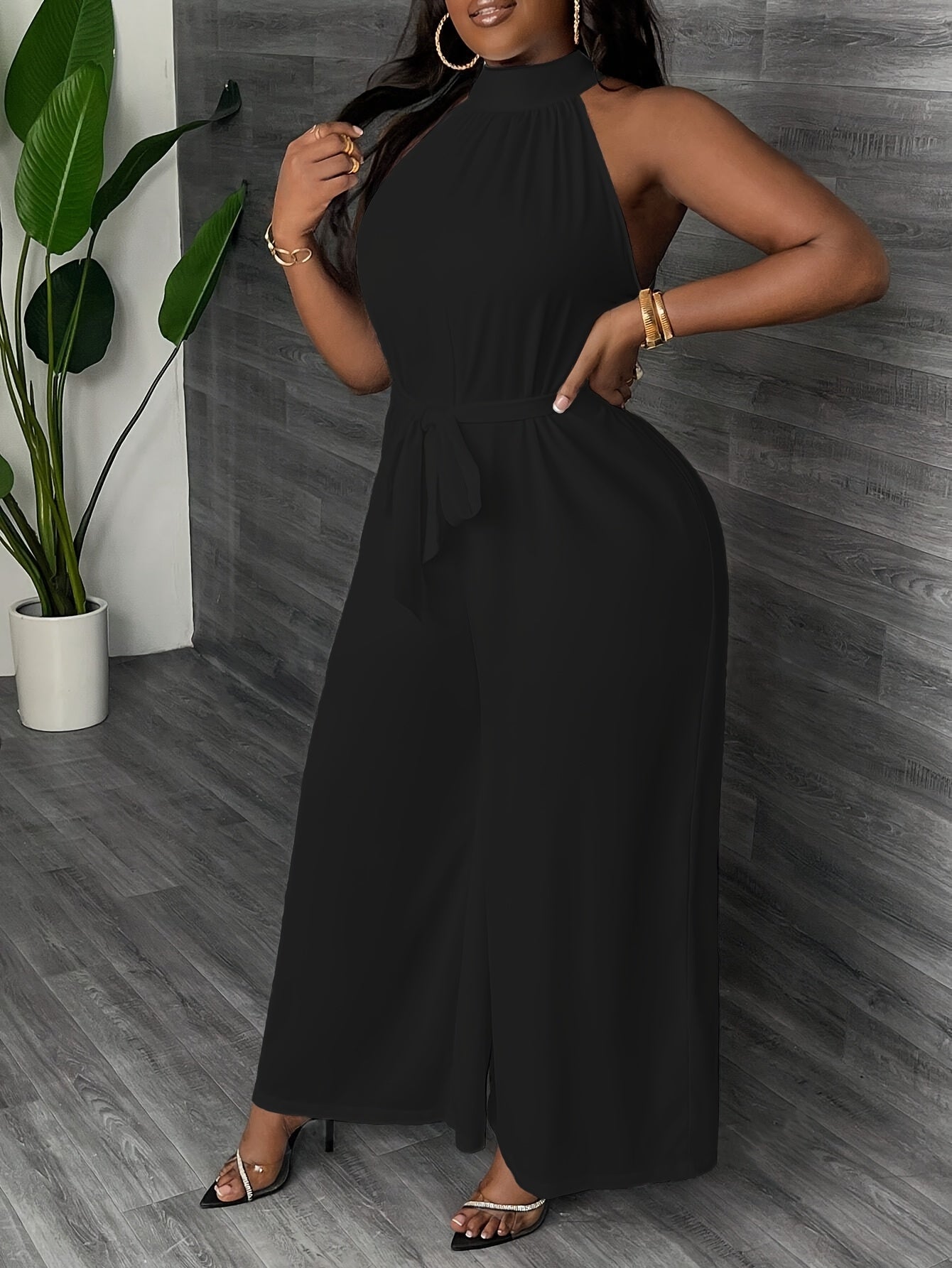 Elegant White Halter Neck Jumpsuit for Women - Sleeveless Wide-Leg Design with Tropical Vibes, Machine Washable Polyester, Perfect for Casual or Stylish Outfits, Casual Elegant Wear | Wideleg Fashion | Breezy Design