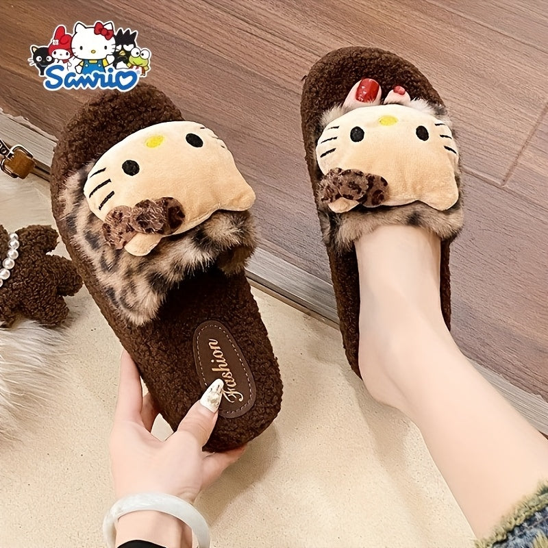 Cozy Hello Kitty Plush Leopard Print Slippers - Non-Slip Soft Sole, Lightweight & Washable, Perfect for Home & Camping, Cute Cartoon Design with Fluffy White Trim, Cozy Indoor Shoes | Playful Bedroom Shoes | PVC Sole Slippers