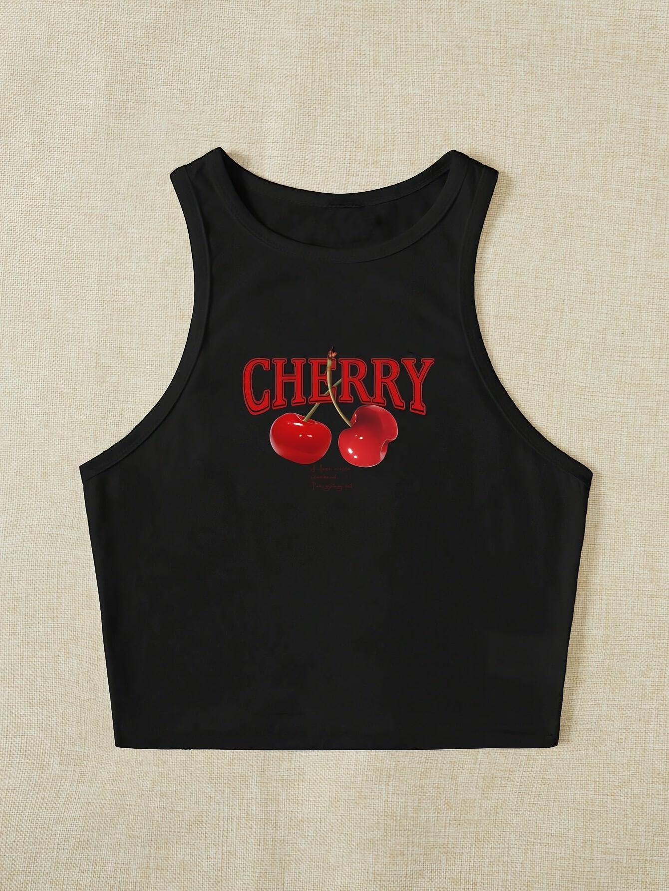 Women's Elegant Cherry Print Crop Top Tank - Stretchy Polyester Blend, Round Neck, Machine Washable, Semi-Sheer Geometric Pattern Sleeveless Vest
