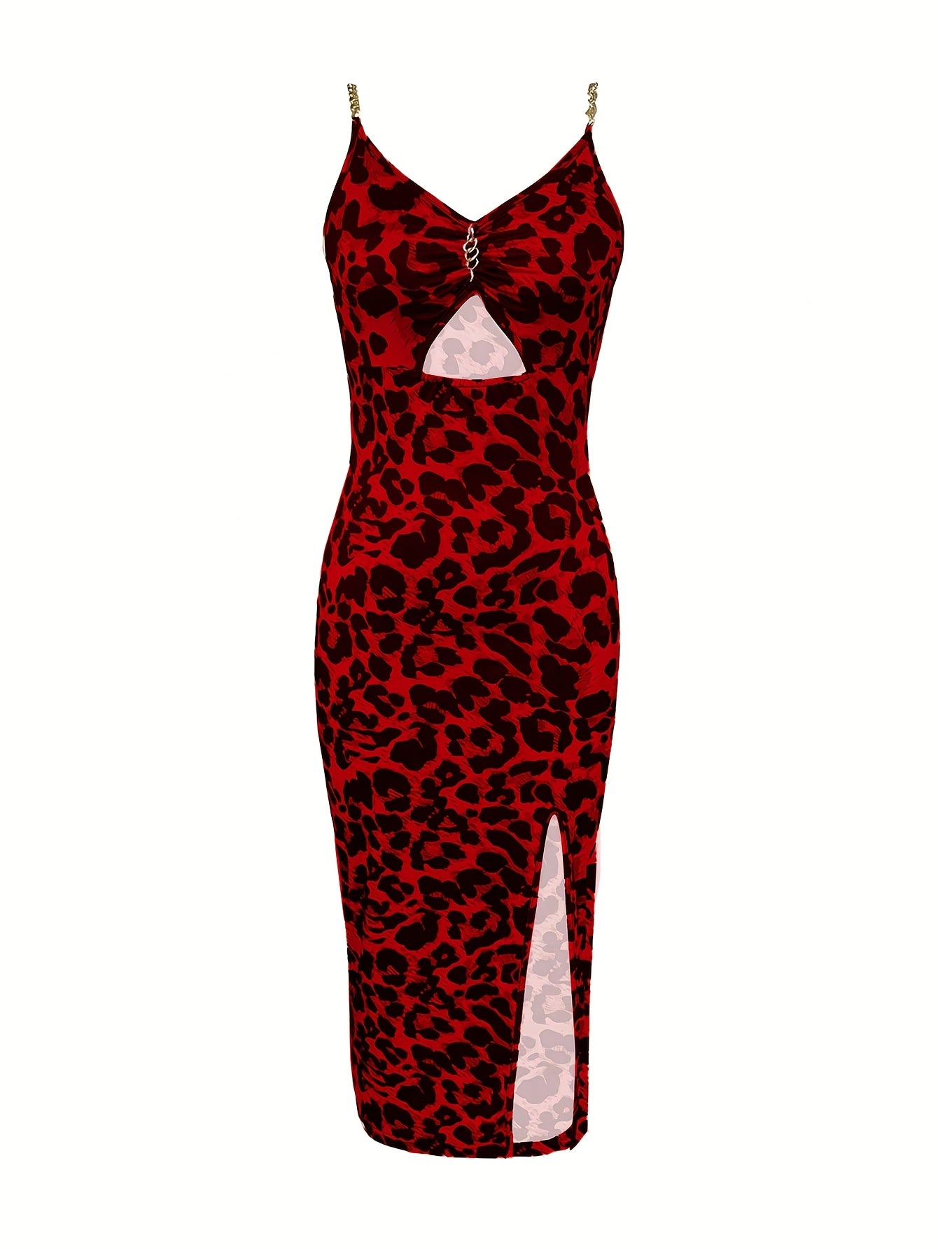 Sexy Leopard Print Sleeveless Mini Dress - Slim Fit, Low-Cut Backless Design with V-Neck and Chain Detail, Perfect for Spring/Summer, Adult Women'S Fashion, Casual Dressing | Vneck Dress | Polyester Fabri