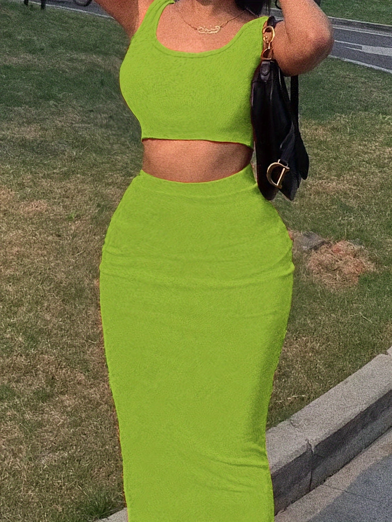 Solid Color Sexy Casual Skirt Set, Crop Tank Top & Bag Hit Skirt Outfits For Summer, Women's Clothing