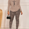 Chic Geo Print Women's Outfit - Casual Long Sleeve Top & Pants Set, Stretchy Polyester Blend, Machine Washable - For Women - Perfect for Everyday Wear  - Great Gift for Fashionable Ladies