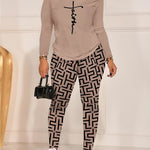 Chic Geo Print Women's Outfit - Casual Long Sleeve Top & Pants Set, Stretchy Polyester Blend, Machine Washable - For Women - Perfect for Everyday Wear  - Great Gift for Fashionable Ladies
