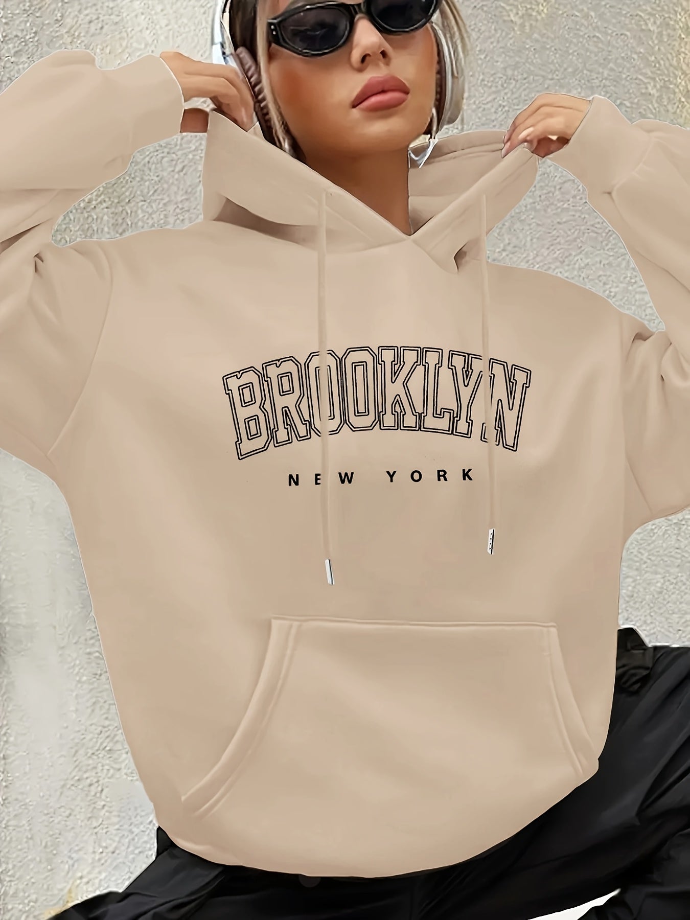 Women's Brooklyn-Inspired Blue Hoodie - Casual Polyester Pullover with Geometric Design, Machine Washable, Ideal for Spring/Summer/Fall, Casual Wear Hoodie | Trendy Casual Hoodie | Knitted Texture, Sweater Hoodie