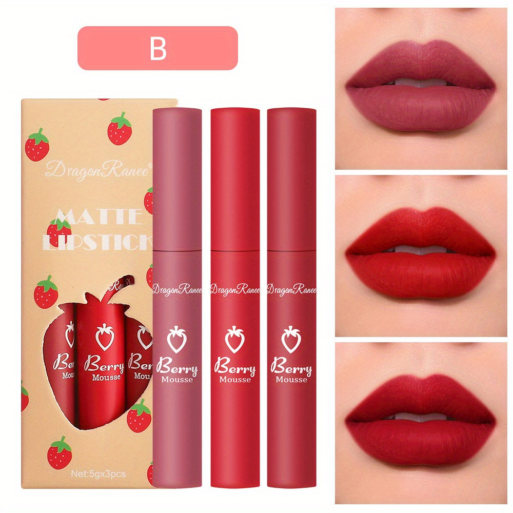 3-Color Velvet Matte Liquid Lipstick Set – Long-Lasting, Lightweight, Non-Stick Lip Color with Soft Finish, Perfect Valentine's Day Gift
