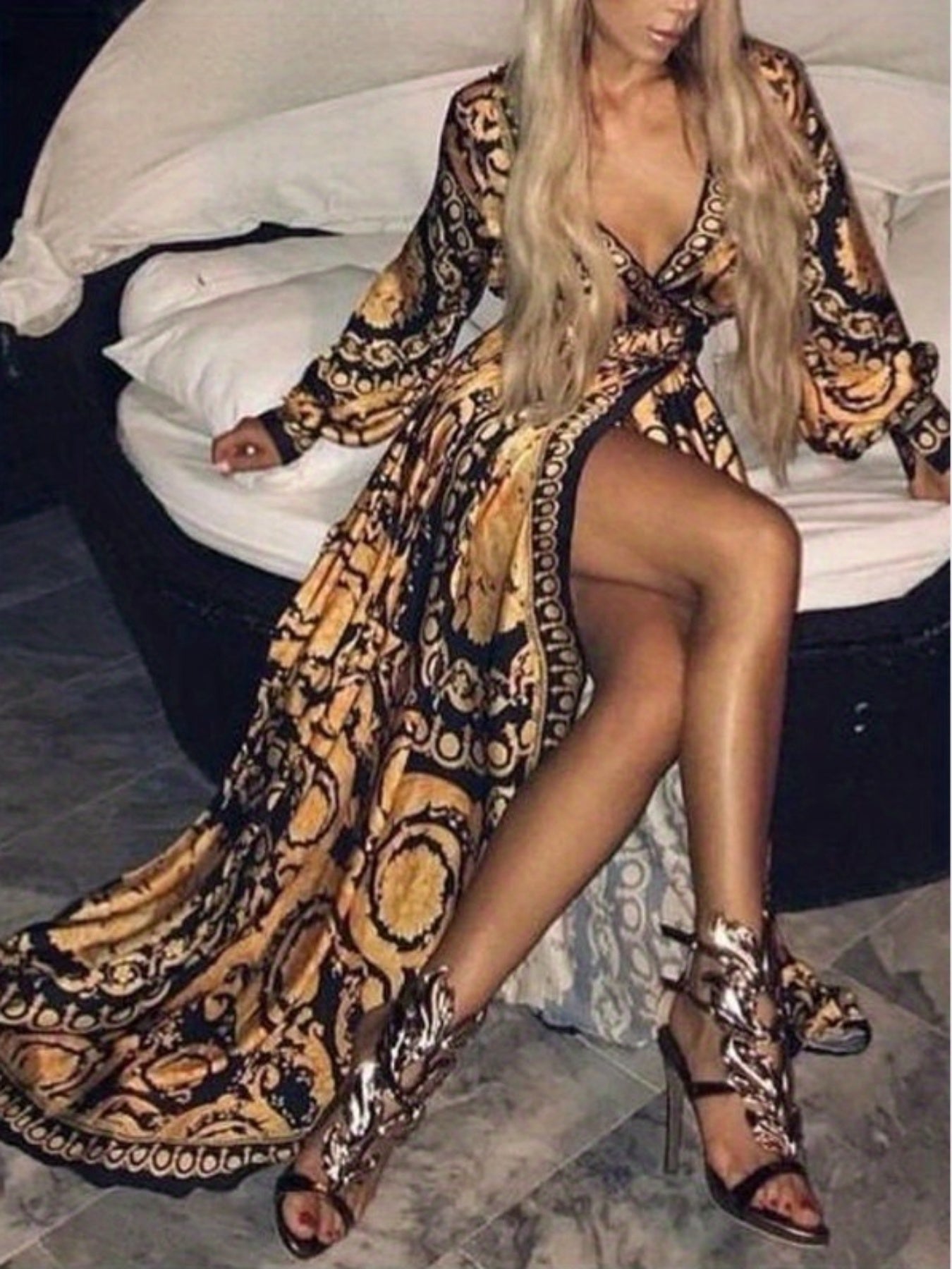 Women Bohemia Dress Long Sleeve Deep V-Neck High Split Long Dress Dress Beach Vacation Sundress