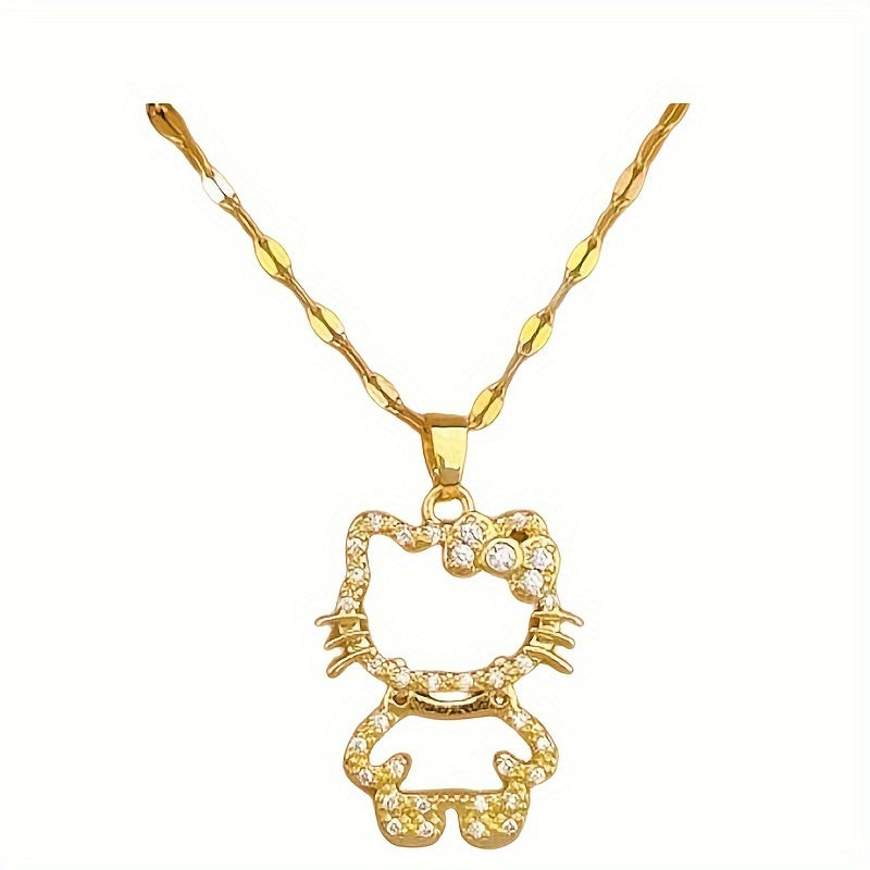 Elegant Sanrio Hello Kitty Golden Pendant Necklace - Chic Stainless Steel with Sparkling Synthetic Gems, Perfect for Weddings & Daily Wear, All-Season Versatile Clavicle Chain