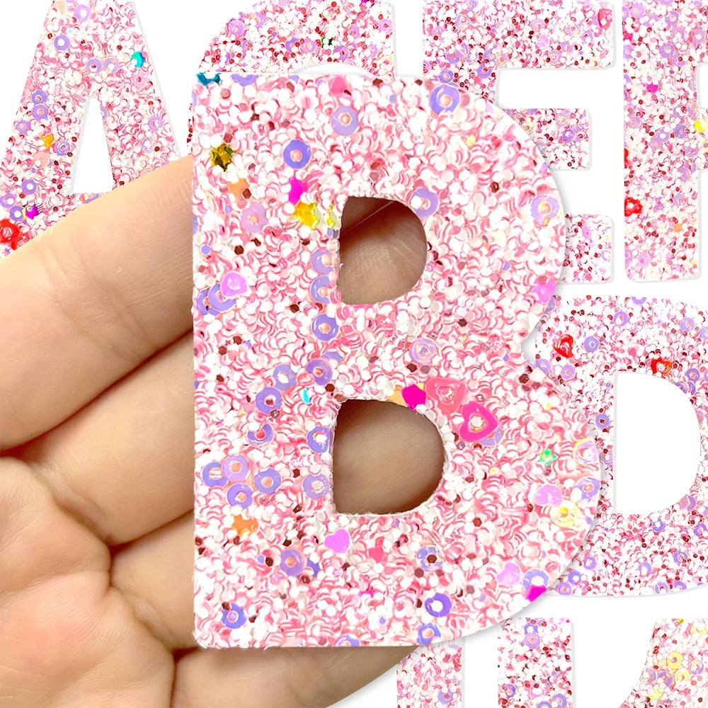 26pcs Pink & Purple Sequin Alphabet Iron-On Patches with Floral Designs – Glittery DIY Decorative Letters for Jeans, Jackets, Bags, Hats, and Clothing Backpacks