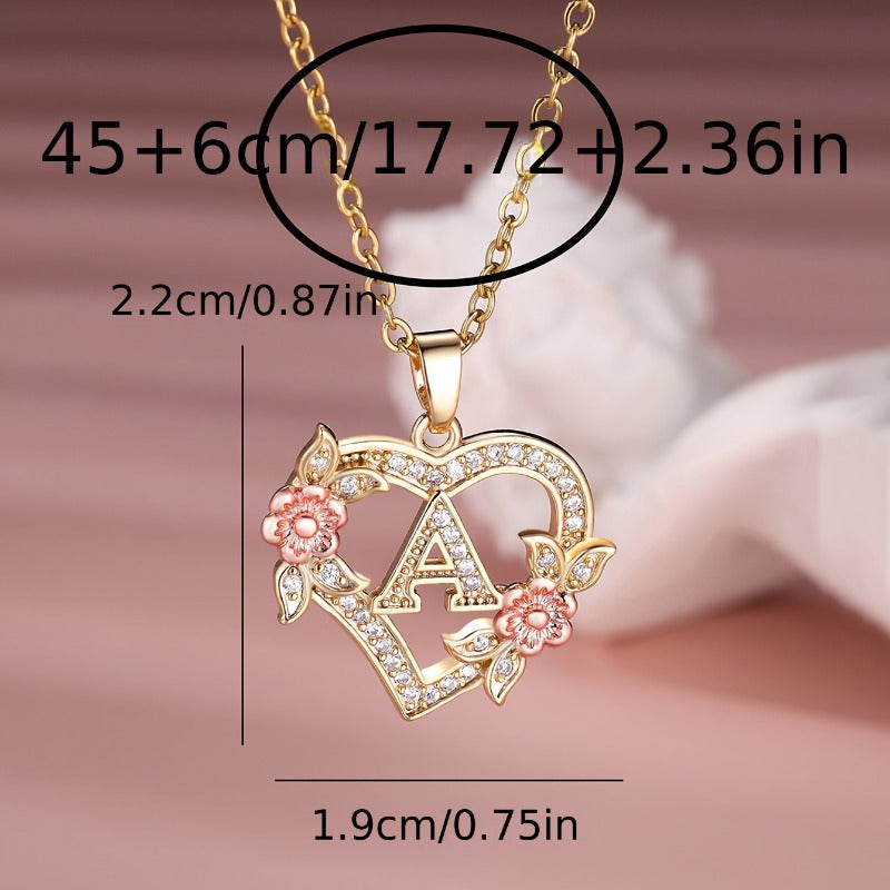 1pc A-Z Letter Love Heart Necklace Elegant zirconia Rose Golden Necklace Valentine'S Day Gift Trendy Jewelry For Women