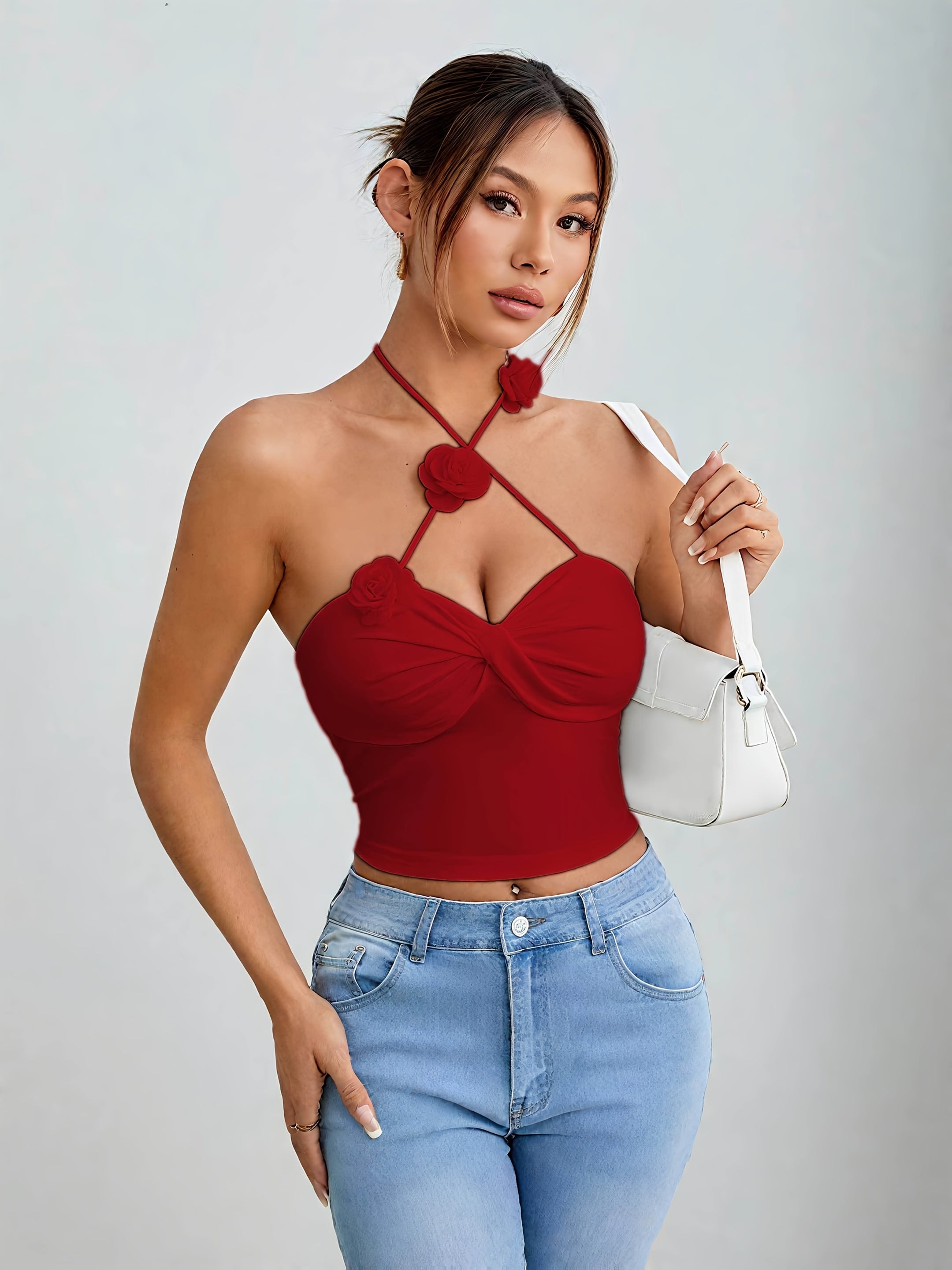 Red Floral Halter Neck Crop Top for Women - Sexy Twisted Front Detail, Cross Halter Design, Stretchy Polyester Blend, Perfect for Summer Nights Out, Cute Tops for Going Out