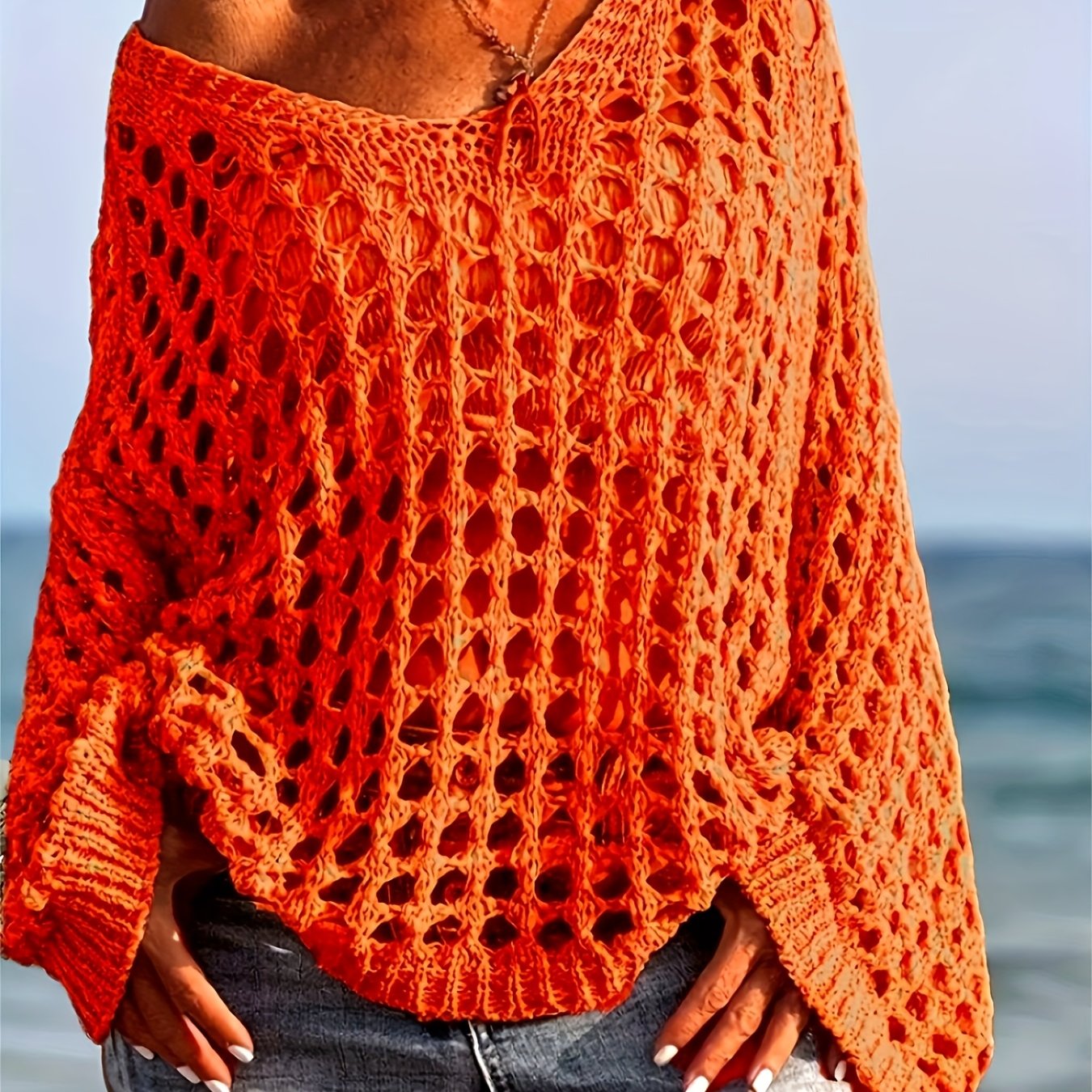 [Beach-Ready] Women's Crochet Knit Top | Long Sleeve | Polyester | Breathable | Casual | Spring & Summer