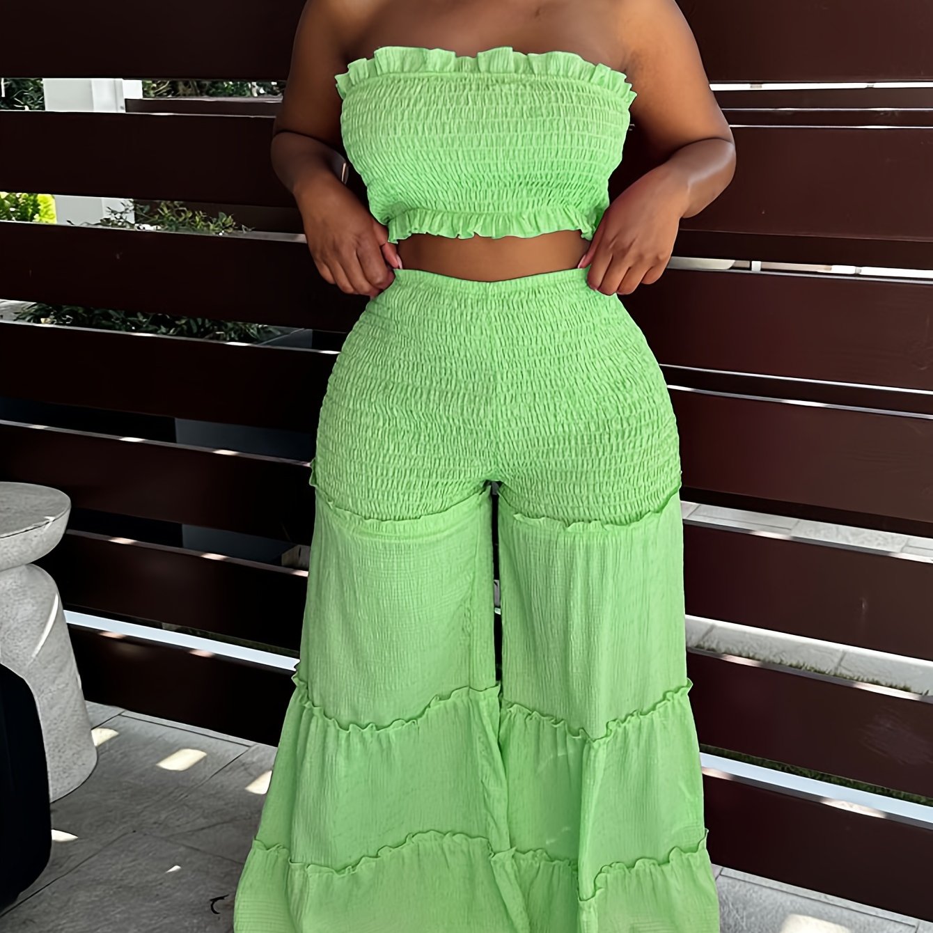 Elegant V-Neck High-Waist Wide Leg Two-Piece Set with Ruched Detail - Sexy Corset & Strapless Top, Polyester Blend, Perfect for Spring/Summer, Chic Outfit|Vneck Top|Polyester Blend