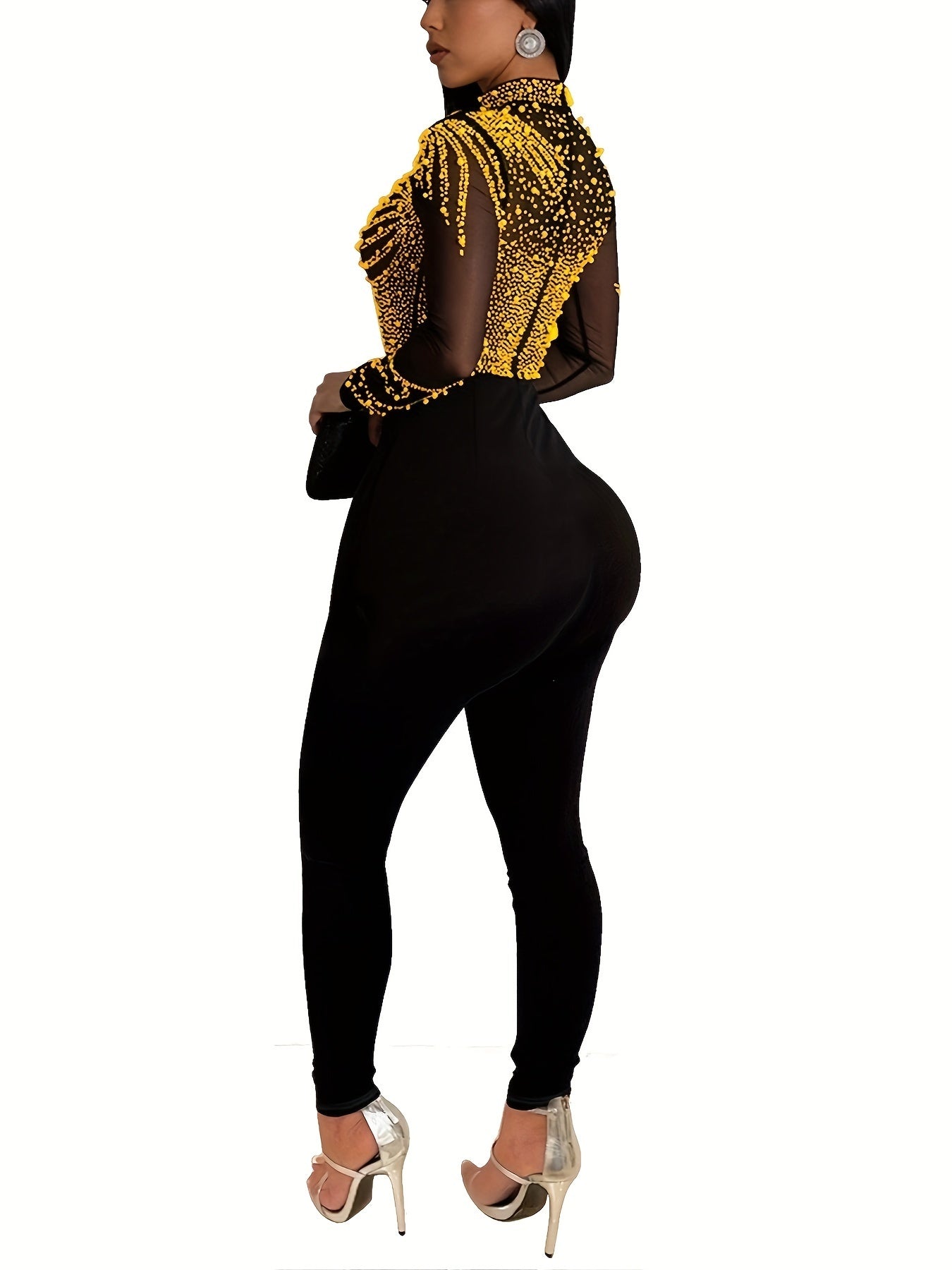 Rhinestone Illusion Neck Jumpsuit, Elegant Long Sleeve Tight Jumpsuit For Party & Club - Women's Clothing -  Sparkly Rhinestone Design -  Suitable for Evening Events & Parties - Perfect Gift for Women