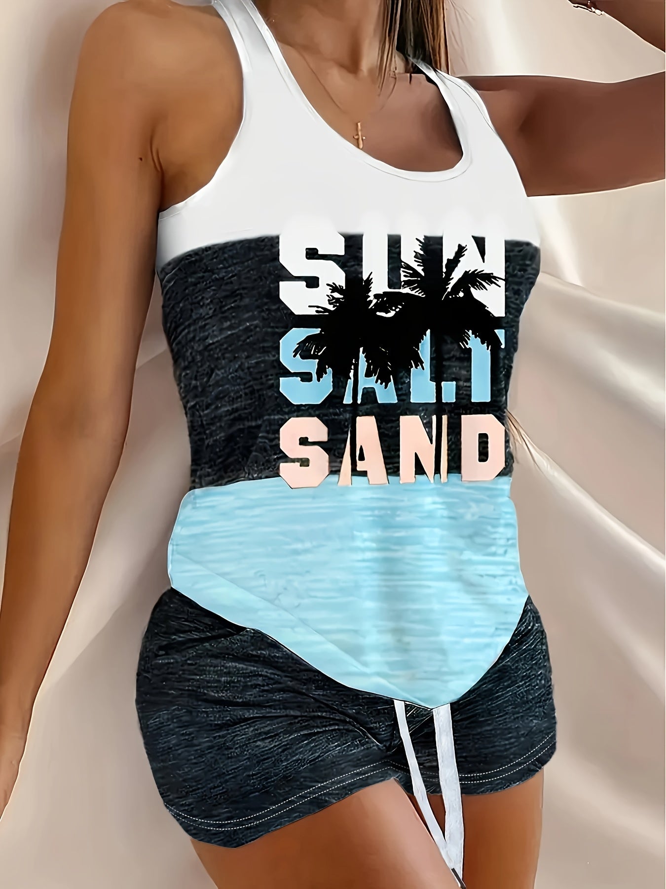 2pcs Women'S Summer Slimming Pajama Set with Letter and Palm Tree Print, Contrast Color Vest, Elastic Waist Drawstring Shorts with Pockets, Suitable for Home and Beach Vacation