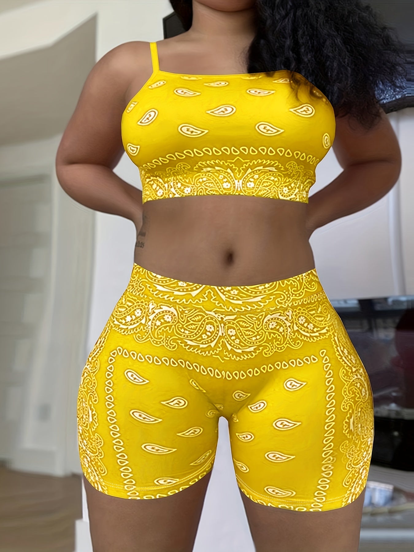 New European and American Women's Summer Clothes Paisley Strappy Sleeveless Shorts Two-Piece Set