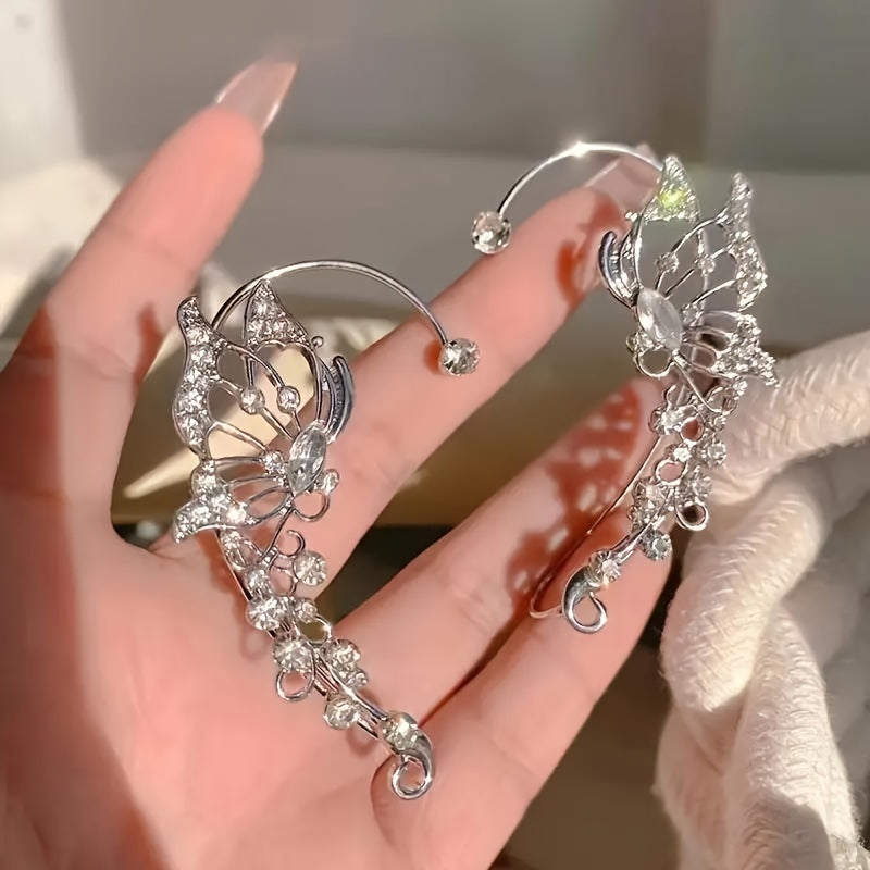 2pcs Butterfly Fairy Ear Cuff Earrings – Non-Pierced Elven Ear Crawlers with Sparkling Synthetic Zircon, Handmade Fantasy Jewelry for Women & Girls, Cosplay or Special Events
