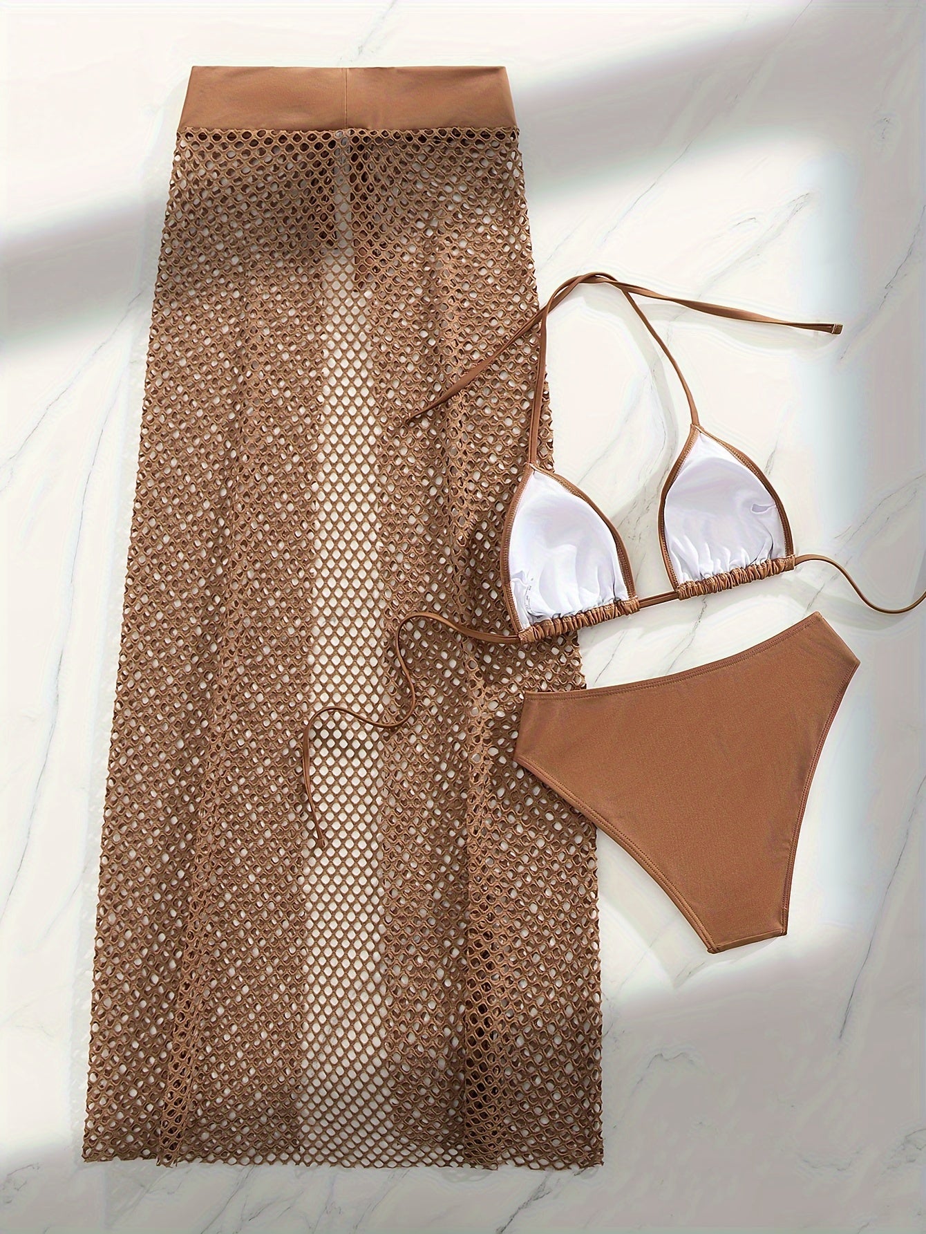 Women's Plain Brown Triangle Halter Tie Strap Backless Bikini With Hollow Out Cover Up 3 Piece Set Swimsuits -  For Summer Beach Vacations - Perfect Gift for Women