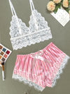 2pcs Women's Elegant Pajama Set - Lace Stitching & Scallop Trim V Neck Cami Top with Striped Shorts, Smooth Polyester Fabric, Semi-Sheer, Summer Sleepwear & Loungewear | Spaghetti Strap Design | Bow Details | Hand Wash Only