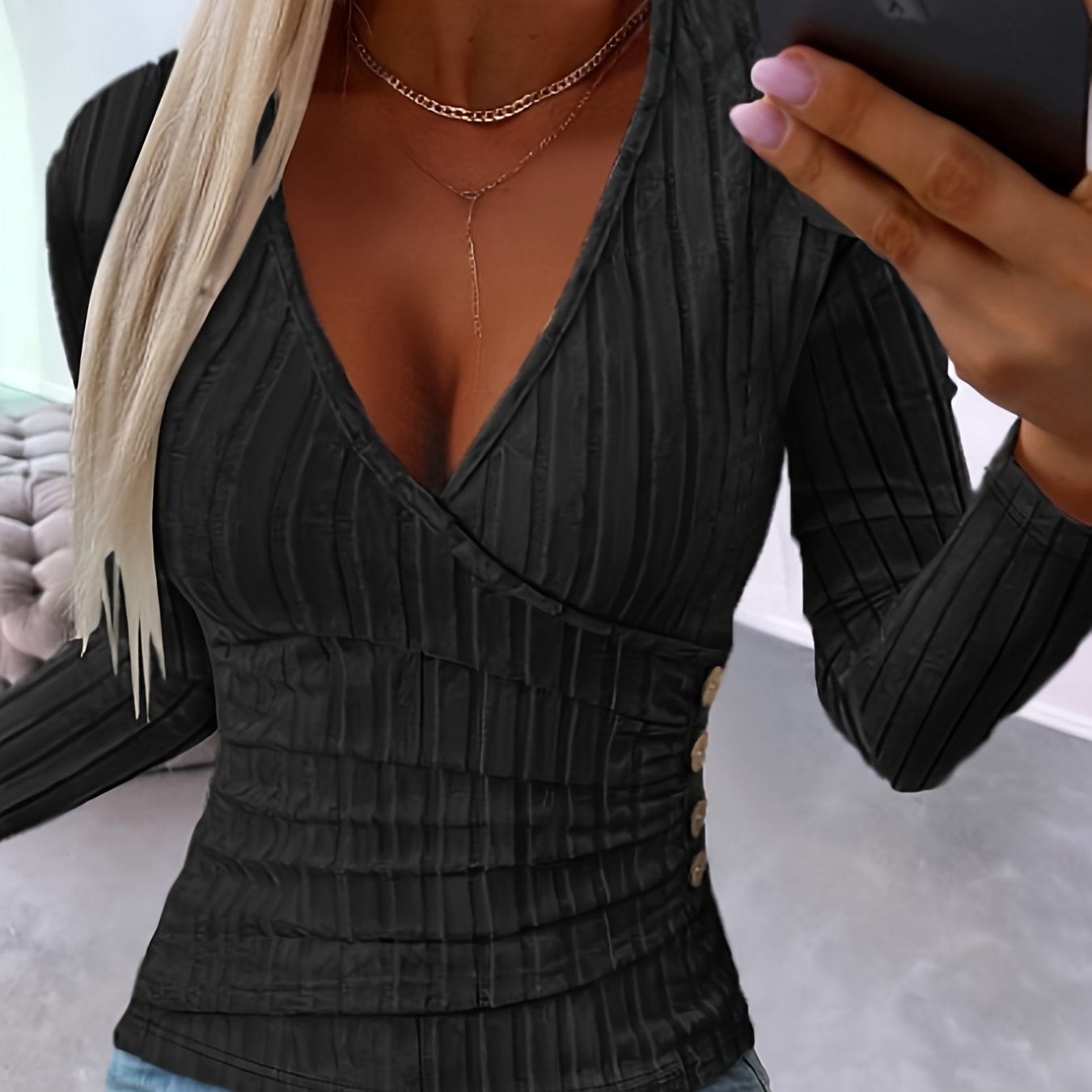 Stylish Maroon Long Sleeve V-Neck Knit Top for Women - Slim Fit Ribbed Blouse with Crisscross Detail, Perfect for Casual Streetwear & Club Nights Out