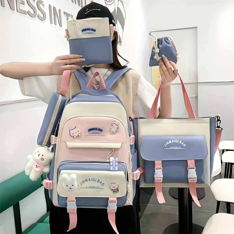 5pcs High School Junior High School Student Mori Department Backpack Girl Color Contrast Cute Large Capacity Backpack Anti-school Season Schoolbag