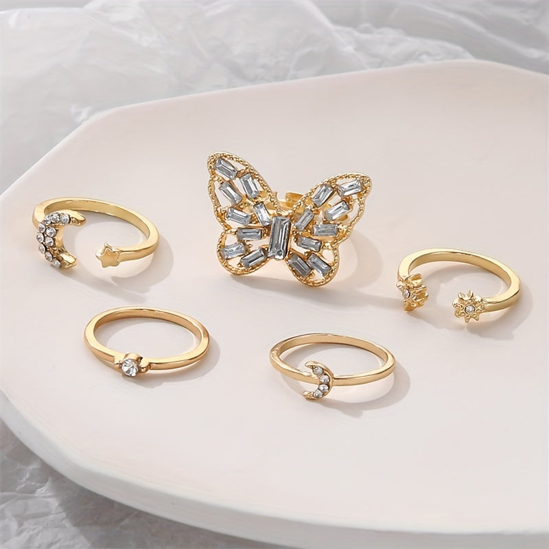 Set of 5 Stylish And Unique Women's Rings Featuring Creative Vintage Golden Butterfly Designs with Embedded Rhinestones And Geometric Open Joint Rings.