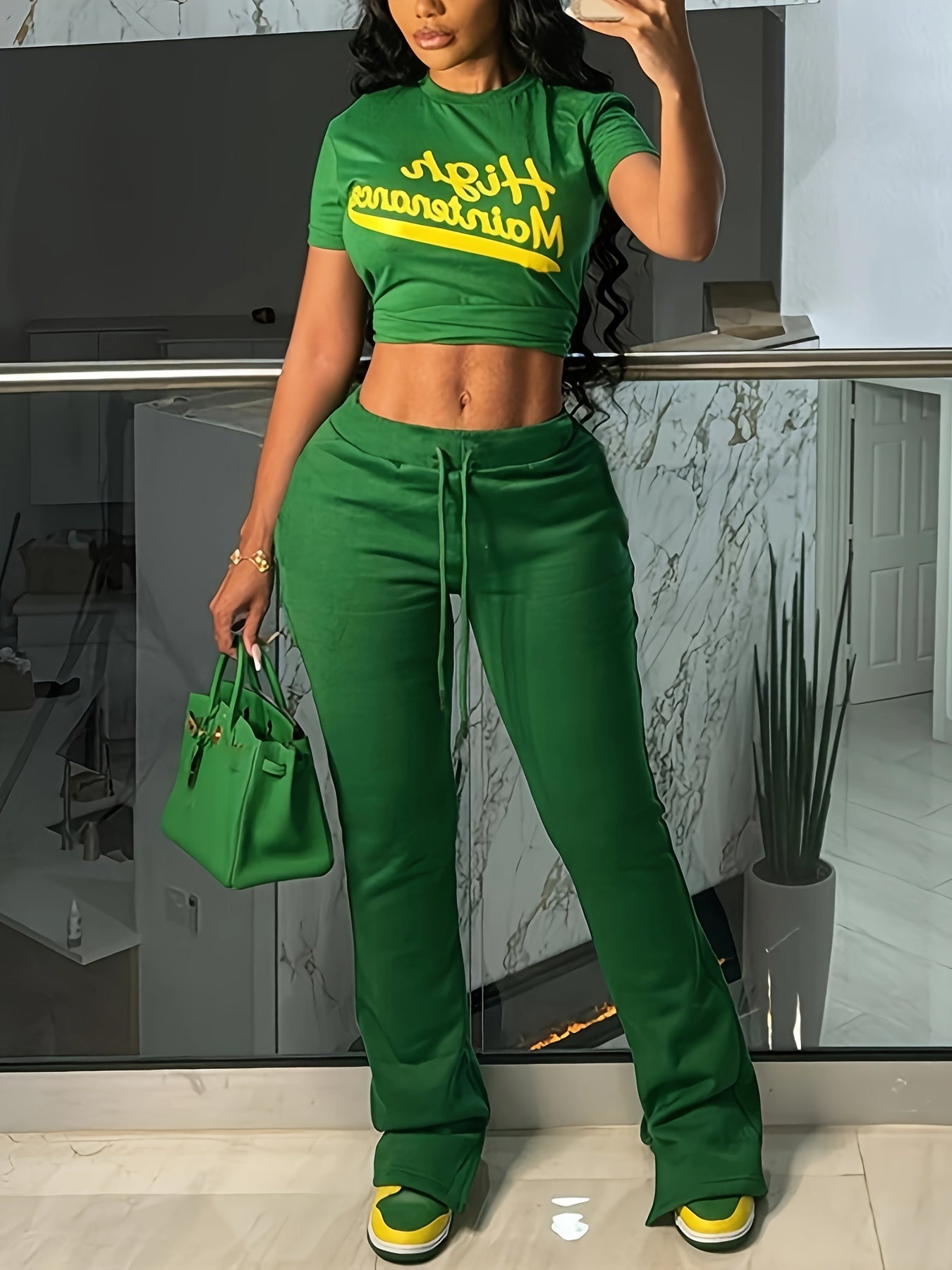 Spring & Summer Women's Casual Crew Neck Crop T-shirt & Drawstring Waist Slim Pants Set - Letter Print - For Women