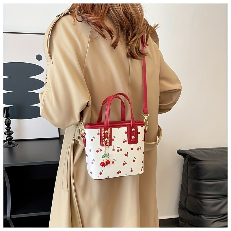 Women's Cherry Pattern Bucket Bag with Detachable Charm, Zipper Closure, Large Capacity Fashionable Crossbody Bag in Red/White, Perfect for Shopping, Commuting, or Gift Giving, Versatile Crossbody Bag | Playful Cherry Design